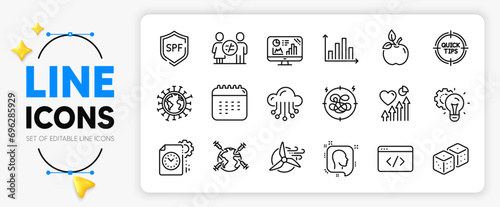 Stress, Eco food and Seo script line icons set for app include Windmill turbine, Calendar, Head outline thin icon. Dice, Tips, Project deadline pictogram icon. Coronavirus. Vector