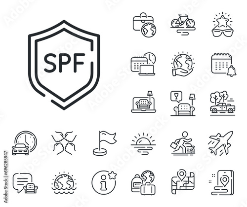 Sun protect sign. Plane jet, travel map and baggage claim outline icons. Spf protection line icon. Sunscreen effect symbol. Spf protection line sign. Car rental, taxi transport icon. Vector