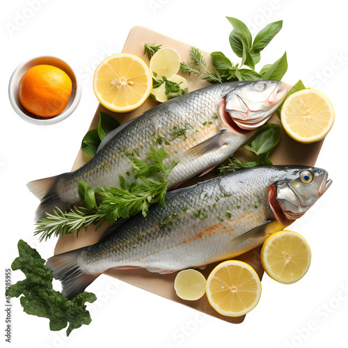 Sea bass fish with lemon Preparing for grill isolated on transparent background Generative AI 