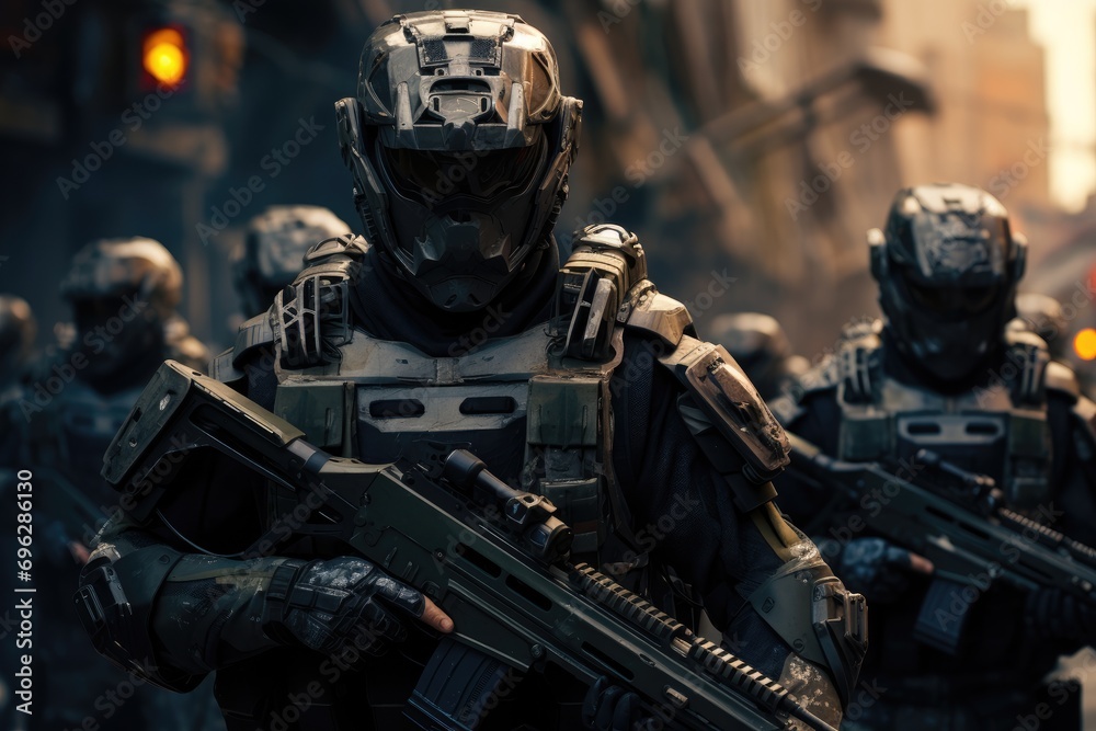 Futuristic Army soldier in Combat Uniforms with assault rifle, plate carrier and combat helmet, Special forces ready to fight Ai generated