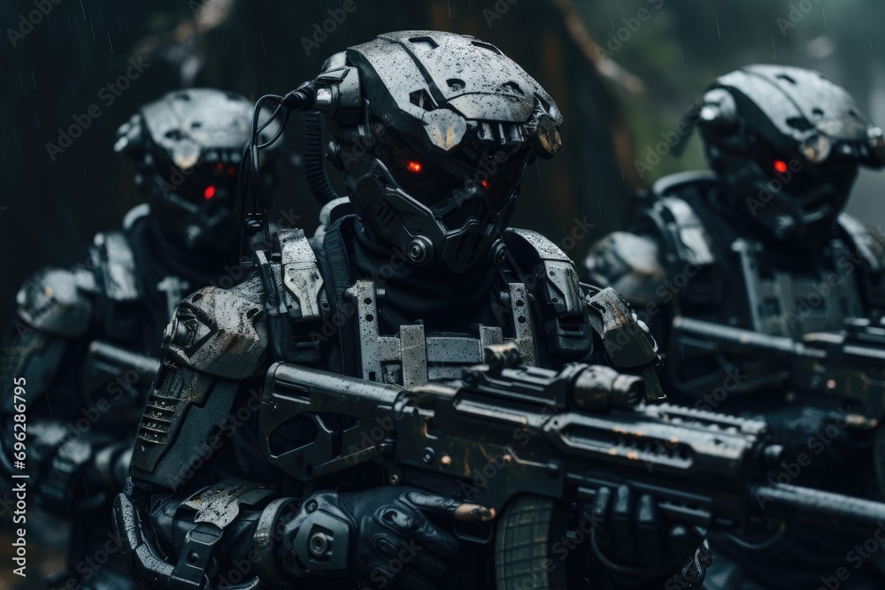 Futuristic Army soldier in Combat Uniforms with assault rifle, plate carrier and combat helmet, Special forces ready to fight Ai generated Futuristic Army soldier in Combat Uniforms with assault rifle, plate carrier and combat helmet, Special forces ready to fight Ai generated