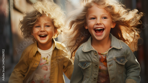 Two happy children are playing together - happy young kids laughing and smile together   Generative AI © DigitalDreamscape