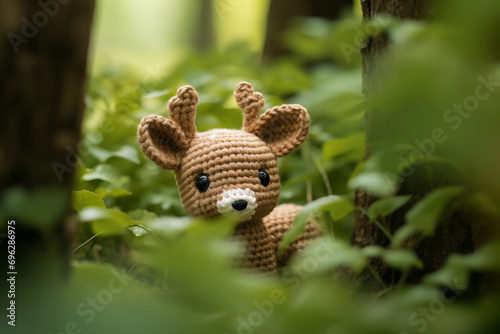 Cute-knitted deer in the woods.