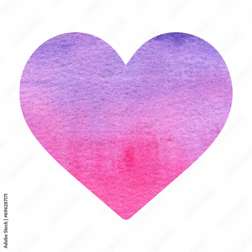 Happy Valentines Day watercolor Heart. Hand drawn purple pink watercolor background.