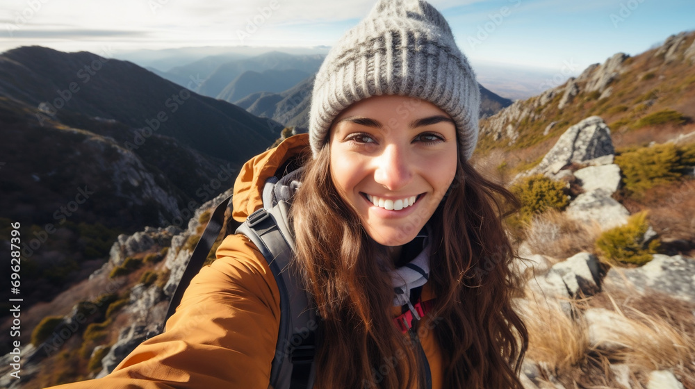 Young hiker beauty woman having fun taking selfie portrait on the top of mountain