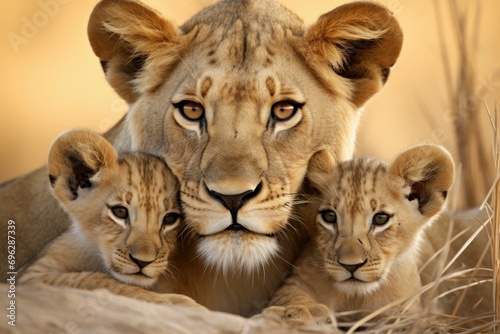 Nurturing Lioness her cubs sunset. Baby cat. Generate Ai