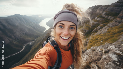 Young hiker beauty woman having fun taking selfie portrait on the top of mountain photo