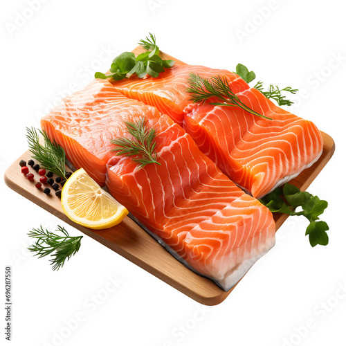 Salmon. Fresh raw salmon fish fillet with cooking ingredients, herbs and lemon isolated on transparent background Generative AI	
 photo
