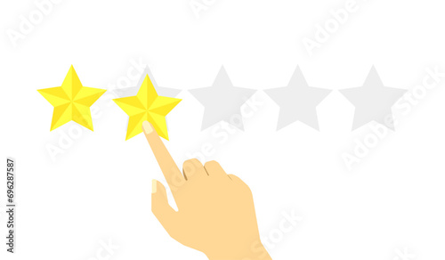 Hand puts two gold stars. The hand gives a two star rating. Customer review