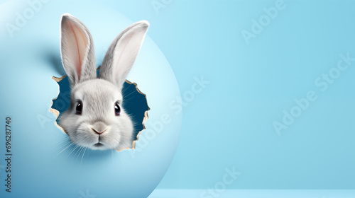creative easter greeting card with copy space -  cute spring bunny peeps out of the egg on pastel blue background photo