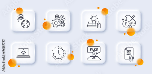 Fraud, Cogwheel and Website education line icons pack. 3d glass buttons with blurred circles. Solar panel, Qr code, Time web icon. Fake review, Vitamin e pictogram. For web app, printing. Vector
