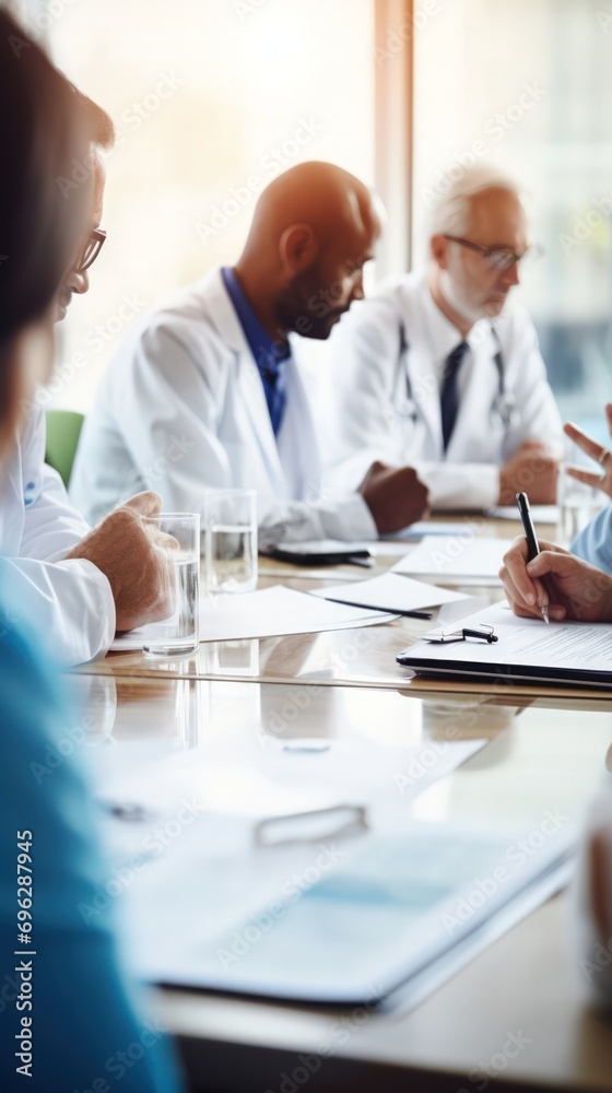 Diverse medical team deeply engaged in a discussion around a conference table Diverse medical team deeply engaged in a discussion around a conference table