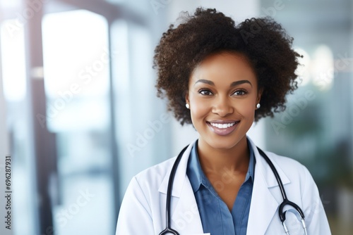 african american Smiling female doctor in white lab coat with stethoscope in clinical setting