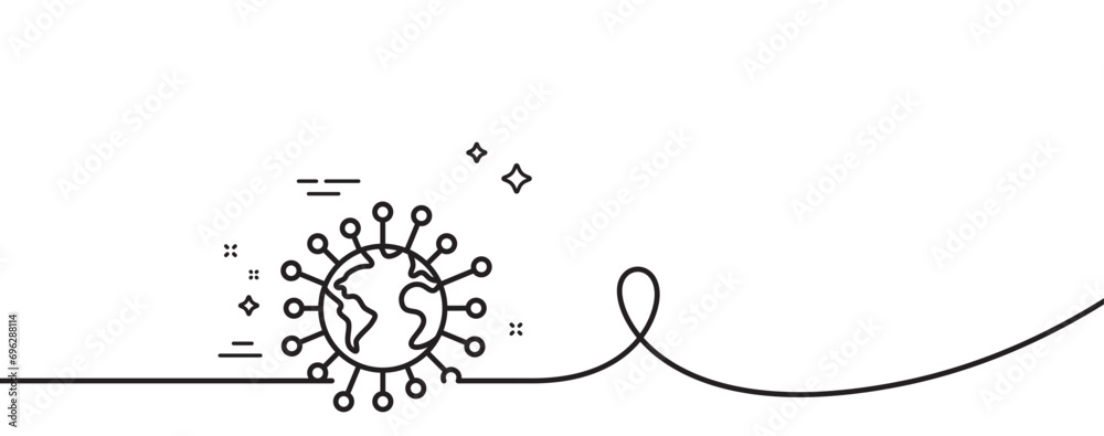 Coronavirus pandemic line icon. Continuous one line with curl. Covid-19 global virus sign. Corona virus symbol. Coronavirus single outline ribbon. Loop curve pattern. Vector Coronavirus pandemic line icon. Continuous one line with curl. Covid-19 global virus sign. Corona virus symbol. Coronavirus single outline ribbon. Loop curve pattern. Vector