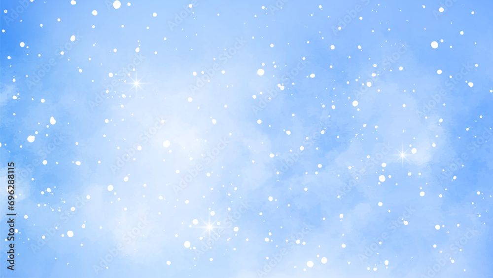 Snowfall background. Winter sky. Winter watercolor background with snowflakes. Blizzard. Winter season. Horizontal banner with copy space.