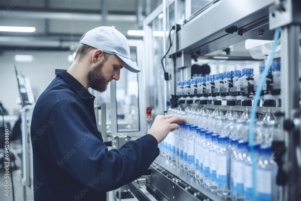 Young technician in white cap overseeing manufacturing process of bottled water in modern plant Young technician in white cap overseeing manufacturing process of bottled water in modern plant