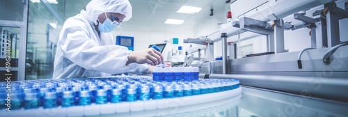 Pharmaceutical worker scrutinizing the production of blue bottled medical solutions in a lab photo