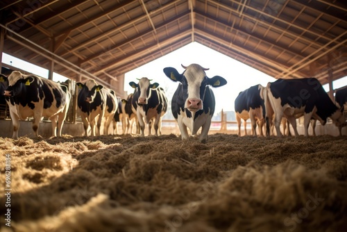 Dairy cows in a sunlit barn, cow looking towards camera amidst a herd on the hay-covered floor photo