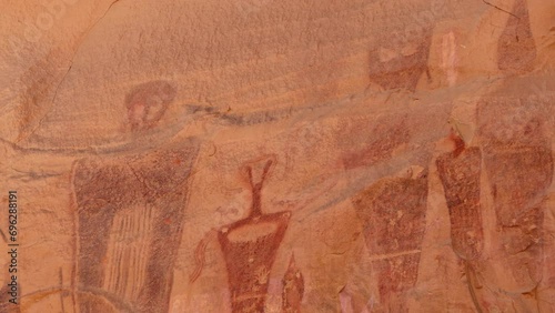 Panning view of the rock art at Sego Canyon petroglyphs near Thompson Springs, Utah. photo