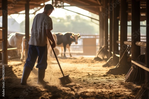 Worker sweeping hay in a sunlit cowshed, with dairy cows in the background photo