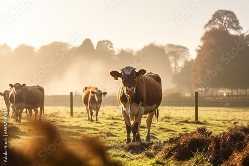 Herd of cows in morning light with mist and scenic countryside backdrop