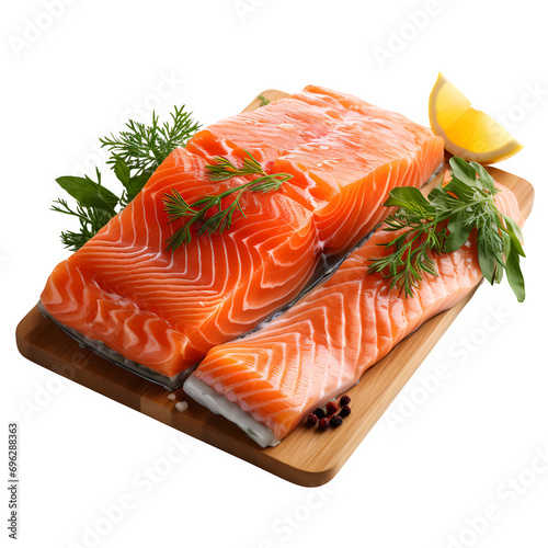Salmon. Fresh raw salmon fish fillet with cooking ingredients, herbs and lemon isolated on transparent background Generative AI 