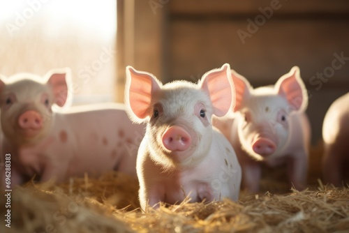 Playful piglets in a straw bed on a farm, bathed in warm sunlight from the barn window