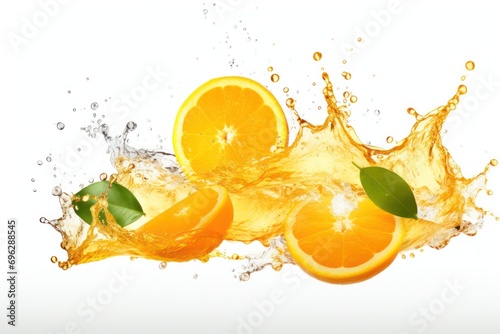 Fresh orange slices and splash of juice convey a burst of citrus refreshment and vitality