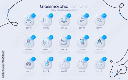 Set of Dots message, Hydroelectricity and Wifi line icons for web app. Surprise gift, Sports stadium, Cyber attack icons. Video conference, Cleaning liquids, Consulting signs. Vector