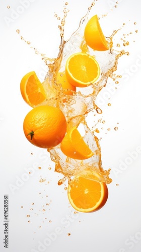 Energetic orange slices captured mid-air with dynamic splash of juice against a white background