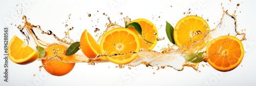 Sliced oranges with a vivid splash of juice  showcasing freshness and vitality on white backdrop