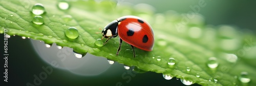 Close-up of vibrant ladybug on green leaf dotted with morning dew, showcasing the beauty of nature © olga_demina