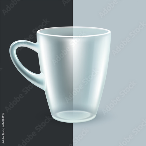 Transparent breakfast cup. Kitchen utensils for tea or coffee. Mockup for advertising a restaurant. Dark and light background. Vector illustration