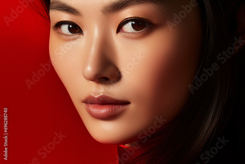 Face of pretty Asian woman with black hair in front of red background
