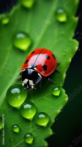A delicate ladybug navigates a lush green leaf with sparkling dew drops, in a vibrant macro shot.