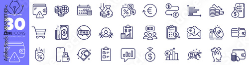 Report, Payment method and Payment line icons pack. Business targeting, Checklist, Analytical chat web icon. Bitcoin mining, Calendar, Loan percent pictogram. Auction, Money, Money transfer. Vector