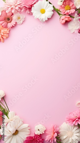 Pink-themed floral frame with various blooming flowers, perfect for springtime messages copy space