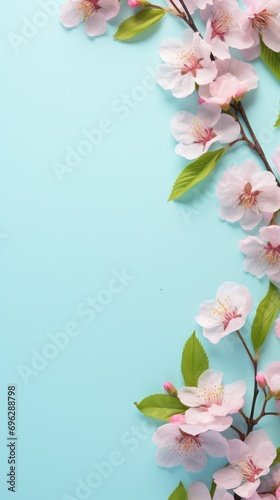 Cherry blossoms on a bright blue background with ample space for text