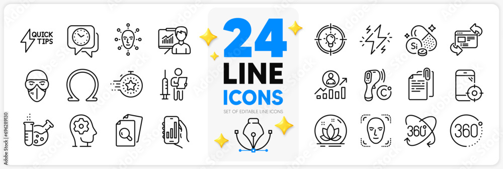 Icons set of 360 degrees, Full rotation and Timer line icons pack for app with Inspect, Seo phone, Idea thin outline icon. Career ladder, Document attachment, Presentation pictogram. Vector Icons set of 360 degrees, Full rotation and Timer line icons pack for app with Inspect, Seo phone, Idea thin outline icon. Career ladder, Document attachment, Presentation pictogram. Vector