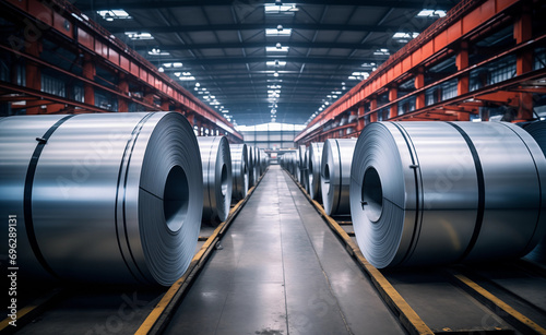 Heart of industrial production as you explore the rolls of galvanized steel sheet inside a factory or warehouse.