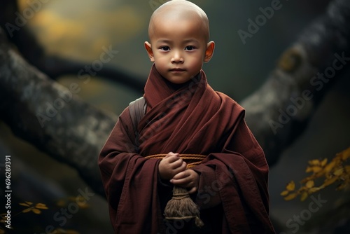 Youthful Little asian monk. Kids thai culture. Generate Ai