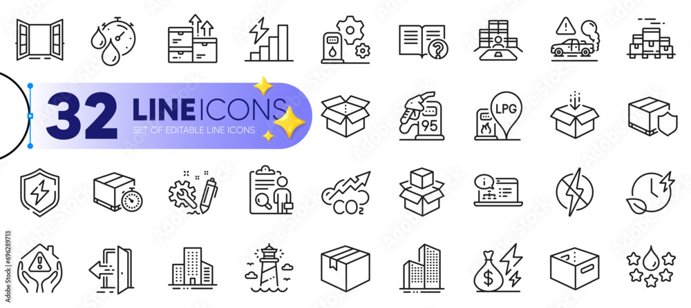 Outline set of Wholesale goods, House protection and Consumption growth line icons for web with Entrance, Inventory, Online documentation thin icon. Open box, Antistatic. Vector
