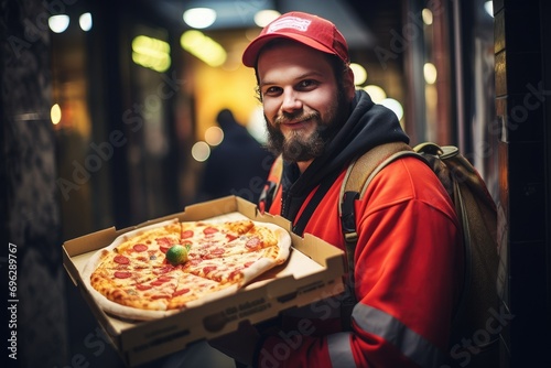 Pizza delivery man ready to pizza boxes to customer. Food delivery service, pizza for young man at home Ai generated