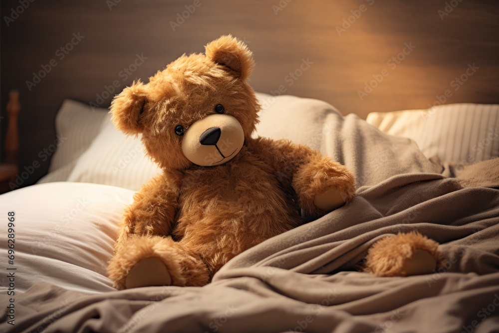Teddy bear on bed, teddy bear on bed with pillows and lighting background Ai generated