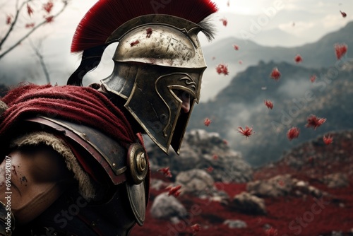 Spartan, a solitary warrior in minimalist armor, radiating discipline and strength. Embody essence of ancient Greek valor unyielding resilience. Austere training battlefield prowess, essence spirit.