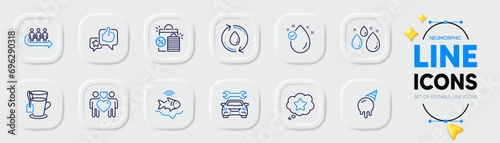 Car, Fishfinder and Like line icons for web app. Pack of Love couple, Queue, Loyalty star pictogram icons. Vitamin e, Tea, Water drop signs. Ice cream, Refill water, Shopping bags. Car service. Vector