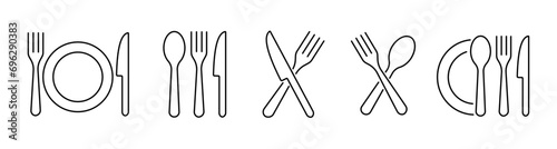 Fork, knife, plate and spoon. Menu symbol. Silverware icons. Black silverware icon. Vector illustration.