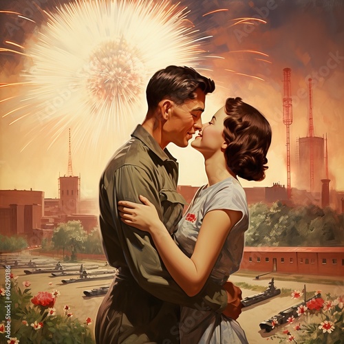 Vintage Russian propaganda poster war atomic weapons in the background, military power romance novel cover
