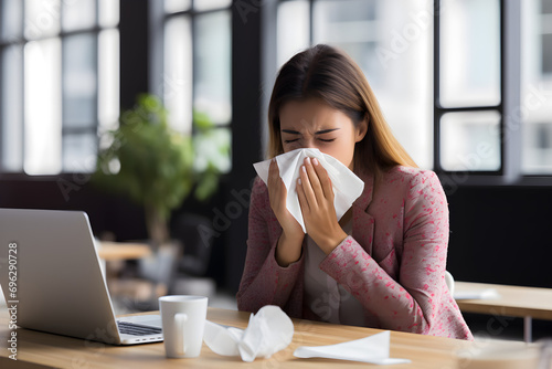 Frau niest am Arbeitsplatz in ein Taschentuch, Krankheit, Grippe, erstellt mit generativer KI photo