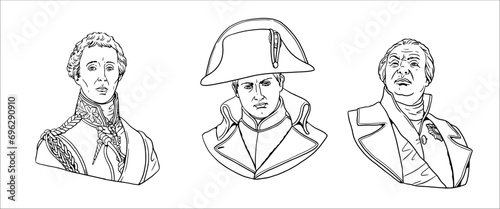 Busts of Napoleon Bonaparte, Duke of Wellington and Field Marshal Kutuzov. Portraits of generals during the Napoleonic Wars. Vector drawing.